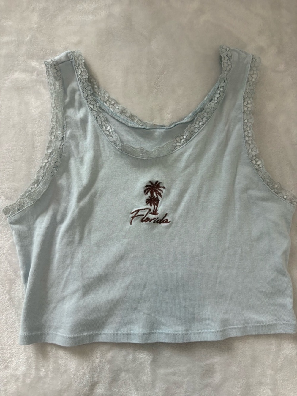 Lace-Trim Light Blue Florida Palm Tank Crop Top - Picture 2 of 3